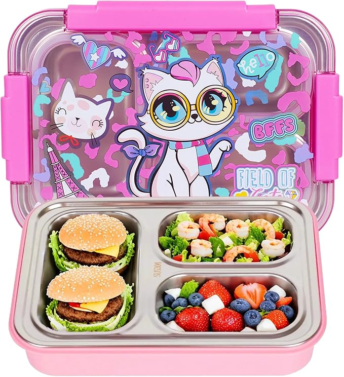 Stainless Steel Bento Lunch Box for Kids, 710ml/23.5oz BPA-Free Leak-Proof Food Containers with 3 Compartments, Back to School Students Daycare Lunches Snack Container Size for Ages 3-7