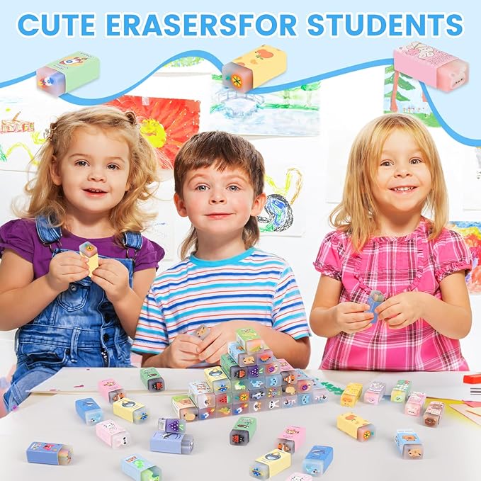 LiYiQ 100-Piece Kawaii Cute Animal Pencil Eraser for Kids, Back to School Supplies, Non-Toxic Rubber, Rectangular
