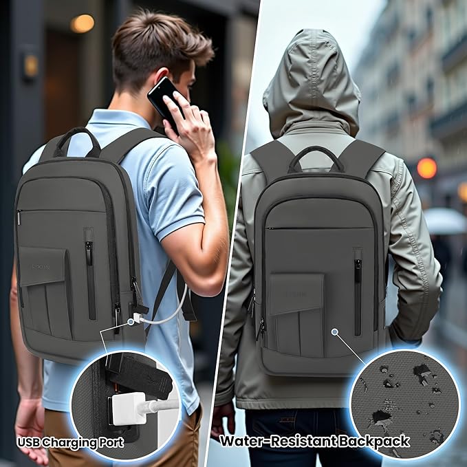 Business Backpack for Men Slim Lightweight Laptop Backpack Water Resistant Small Office Backpack for Commute Travel Daily Office Work with Small Bag (Grey, 15.6")