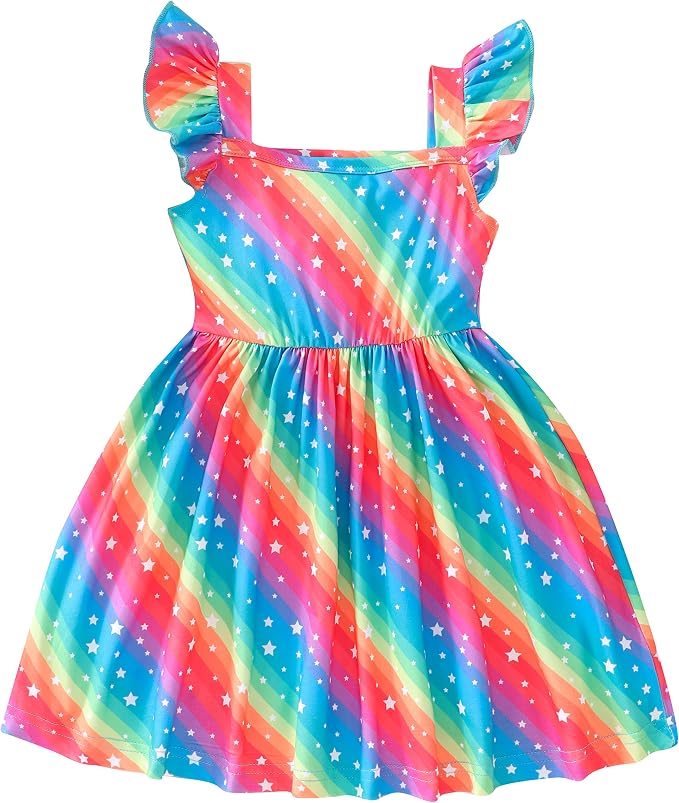 Popshion Girls Dresses Flutter Sleeve Swing Sundress Toddler Summer Clothes Kid Birthday Party Sleeveless Dress 1-8 Years Old