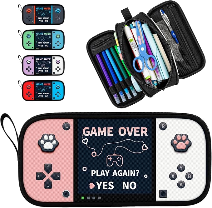 Game Controller Pencil Case for Boys Kids Teens, Large Capacity Pencil Pouch with 3 Compartments, 7 Pockets and Label Pocket for School College Office Travel (Pink & White)