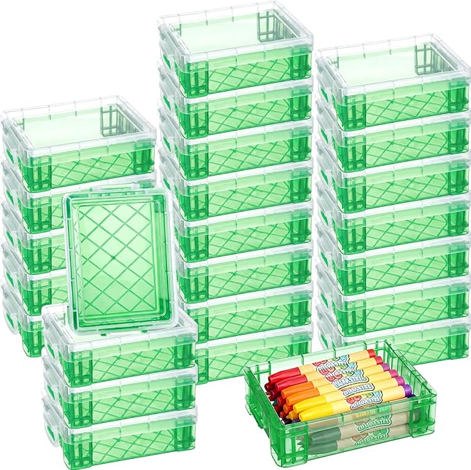 Suzile 25 Pcs Plastic Crayon Boxes with Snap Lids Crayon Storage Organizer Stackable Container Bulk Pencil Case for Pen Crafts Classroom Supplies (Dark Green)