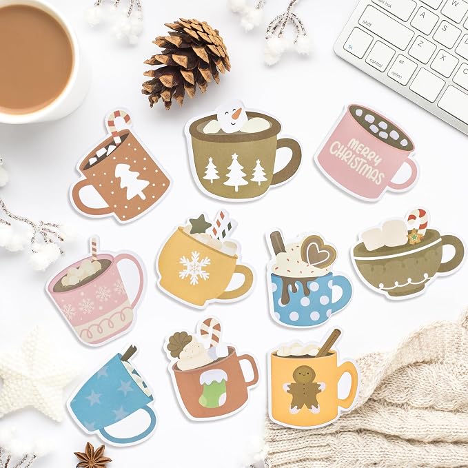 Xqumoi 30 Pack Hot Cocoa Sticky Notes - Christmas Self Sticky Notepads Writing Memo Pads Hot Cocoa Lover Office School Supplies Xmas Winter Holiday Birthday Gift Goodies Bag Fillers