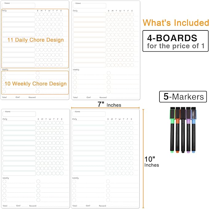 Magnetic Chore Chart for Kids Multiple Kids, 4 Pcs Dry Erase Chore Chart for Adult Teenagers Family Home Daily/Weekly Behavior Chore List Responsibility Reward Chore Board for Refrigerator
