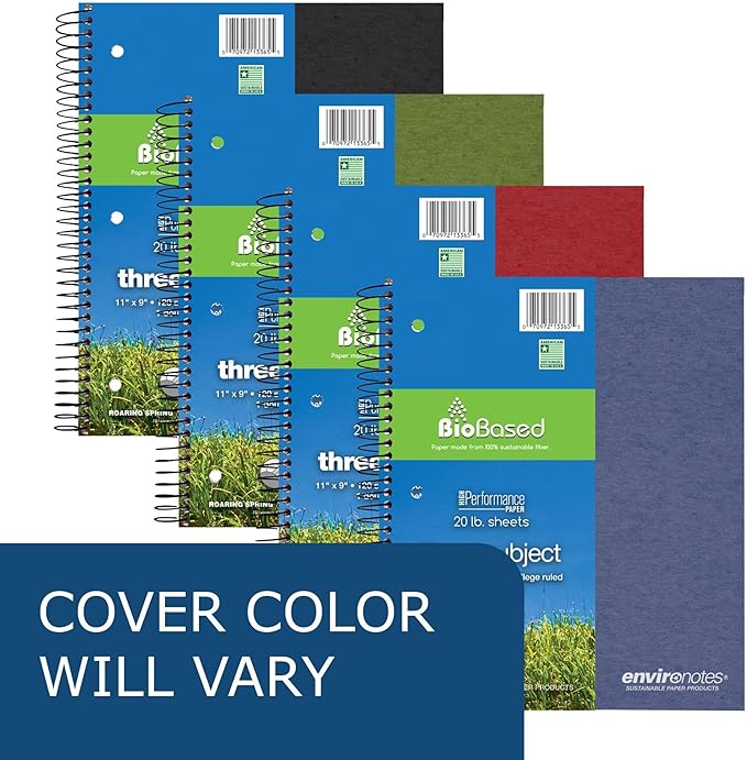 Roaring Spring Environotes Recycled Spiral Notebook, 3 Subject, 11" x 9", 120 Perforated Sheets, 20 lb Bio-Based Paper, College Ruled w/ Margin, Assorted Earthtone Covers, Double Pocket, 2 Dividers, Made in USA