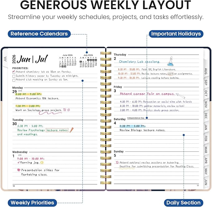 Planner 2026–2027, Academic Monthly Weekly Spiral Calendar, July 2026 – June 2027, Hardcover Agenda Notebook with Tabs, 6.3" x 8.5", Perfect for Students, Teachers, School & Daily Planning - Midnight Blooms
