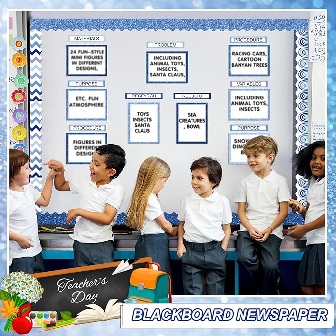 Fuyoooo 90 Pcs Science Fair Board Supplies 60 Trim Scalloped Bulletin Borders 24 Presentation Board Subtitles 6 Science Fair Titles for Classroom Display Boards(Glitter,Blue)
