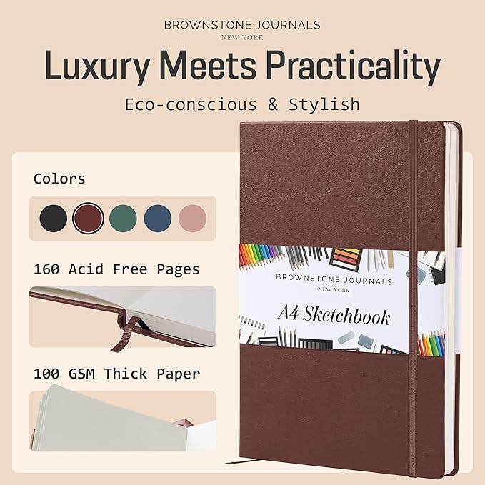 BROWNSTONE JOURNALS A4 Sketch Book Hardcover - 80 Sheets 100 GSM Paper 8.5"x11.5", Lay Flat, Vegan Leather Cover, Elastic Band, Back Pocket, Art Drawing Book (Chestnut Brown)