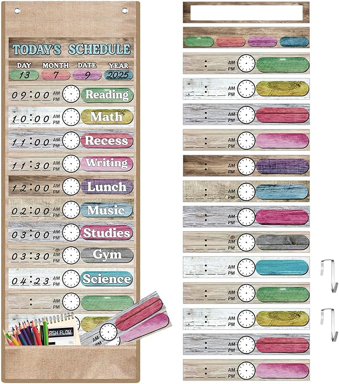 Pasimy Daily Schedule Pocket Chart with 31 Reusable Cards and 14 Pockets Classroom Decor Farmhouse Schedule Charts for School Office Home Educational Activity (Burlap)