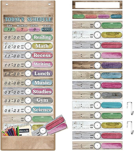 Pasimy Daily Schedule Pocket Chart with 31 Reusable Cards and 14 Pockets Classroom Decor Farmhouse Schedule Charts for School Office Home Educational Activity (Burlap)