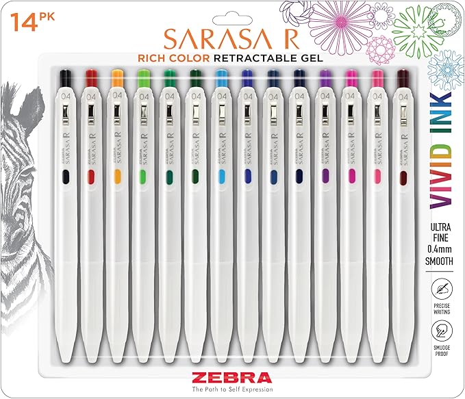 Zebra Pen, SARASA R Gel Pens, Assorted Ink Colors, 0.4mm Fine Point, Vivid Ink to Create Deep, Saturated Color and Smooth Gel Lines, Quick-Drying for Smear-Free Writing, Made in Japan, 14-Pack (47714)