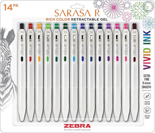 Zebra Pen, SARASA R Gel Pens, Assorted Ink Colors, 0.4mm Fine Point, Vivid Ink to Create Deep, Saturated Color and Smooth Gel Lines, Quick-Drying for Smear-Free Writing, Made in Japan, 14-Pack (47714)