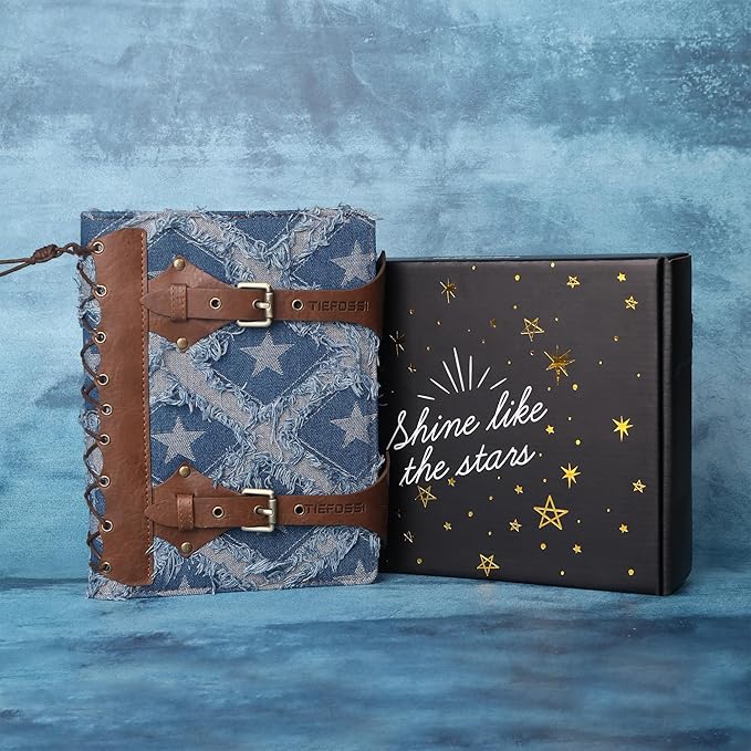 TIEFOSSI Denim Journal for Women Men, Vintage PU Leather Journals, College Ruled Notebook with 6 Ring Binder, Refillable Notebooks with Pockets for School Travel Sketch 7 x 9.2 in