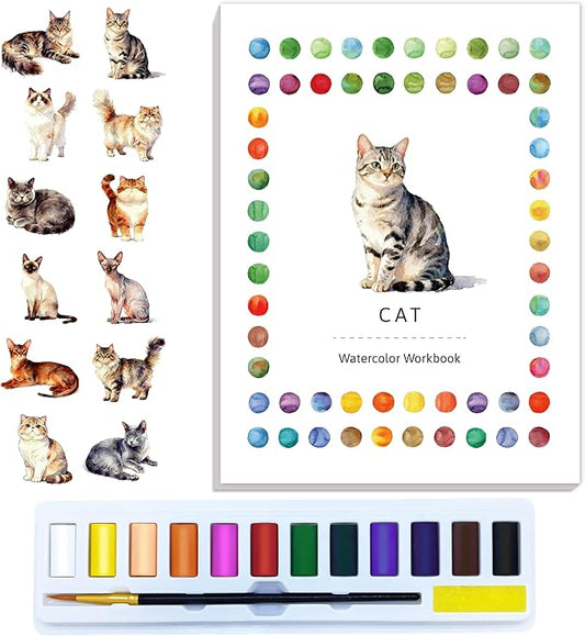 CraftyManor Watercolor Workbook Creative Insect Water color Paint Book Set with Paints & Brush, 12 Patterns of Original DIY Designs, Beginner-Friendly Adult Coloring Books (Cat)