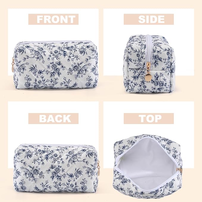 Makeup Bag Travel Toiletry Bag for Women, Small Cosmetic Bags Aesthetic Organizer Quilted Cotton Makeup Pouch&Purse Emergency Bag Floral Pencil Case Accessory Bag, Vintage Blue