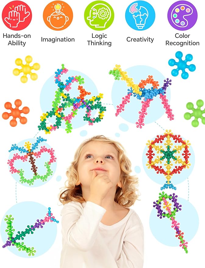 100PCS Snowflake Interlocking Building Block Educational Toy for Kids Ages 3+, Multi-Color Solid Plastic Early Learning Creativity STEM Toy with Carrying Case Safe Material