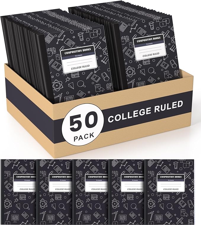 Oucaru Composition Notebook 50 Pack Bulk College Ruled, Black Cover Notebooks for School, 70 Sheets 7-1/2"x9-3/4, Back to School Supplies Journal for K-12 Students