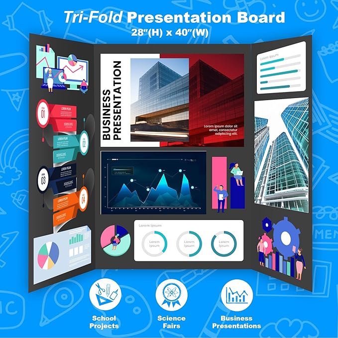 BAZIC Products Trifold Poster Board – Black Corrugated Cardboard Display Board for School Projects, Science Fairs, Photos, Charts, and Classroom Presentations, 36" X 48", 24-Pack