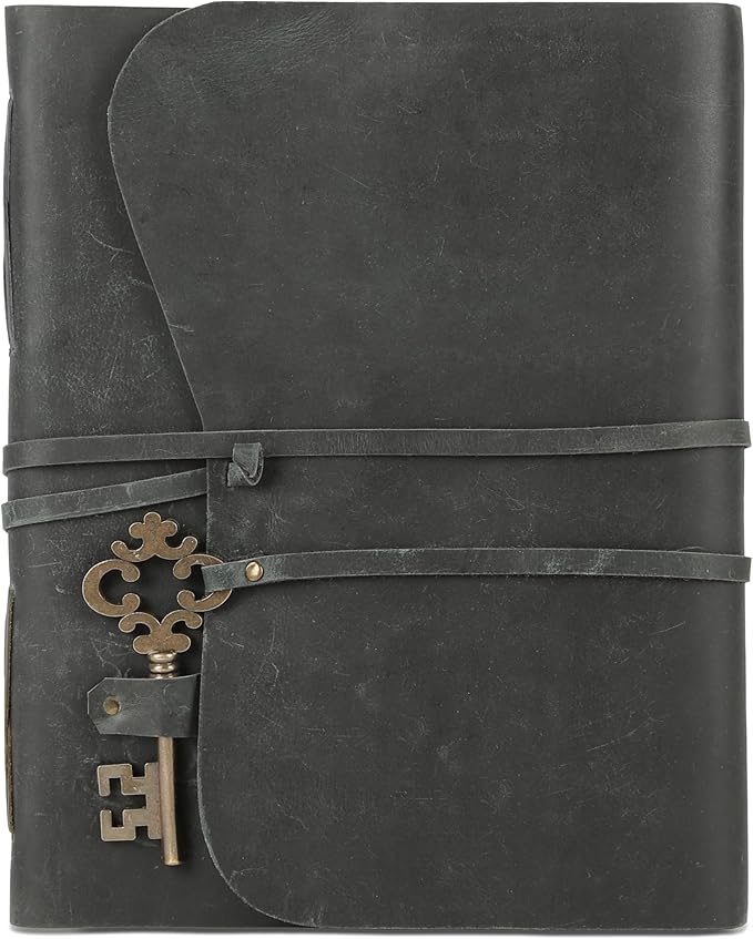 Leather Journal with Deckle Edge Paper 8x6 inch and Vintage Key | Handmade Writing Notebook Diary | Bound Daily Notepad for Men & Women Medium, Sketch/Writing pad for Artists