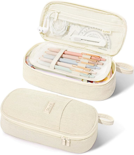 SUNEE Cute Pencil Case, Large Pencil Pouch, Aesthetic Big Pencil Bag with Zipper, Kawaii Stationery Storage and Organizer, School Supplies for Teen and Adult, Boys&Girls, Soft Corduroy Warm Beige