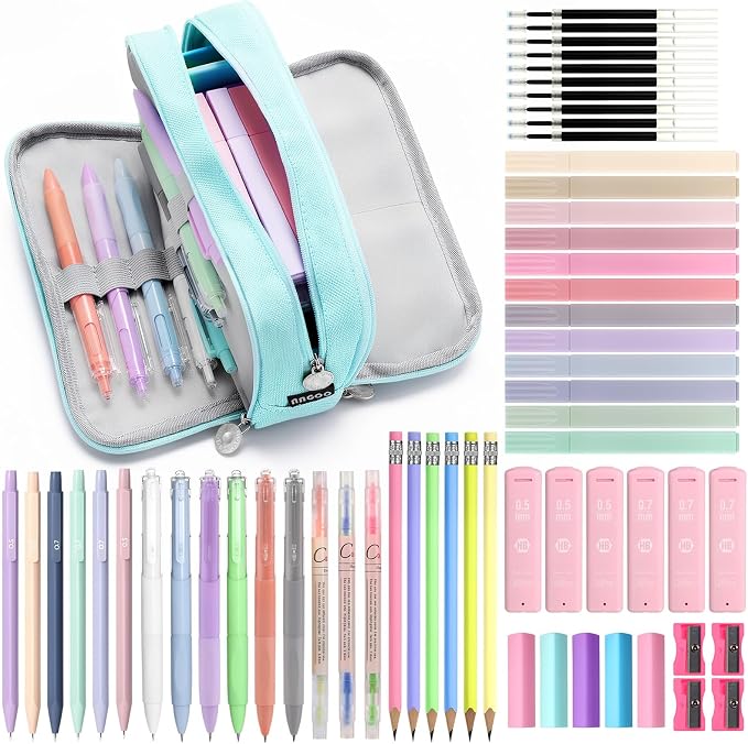 MoKo 59 PCS Aesthetic School Supplies with Cute Pencil Case, Students Stationery Set for Teen Girls & College with Gel Pens, Pastel Highlighters, Mechanical Pencils & Refills, Office Supplies, Blue