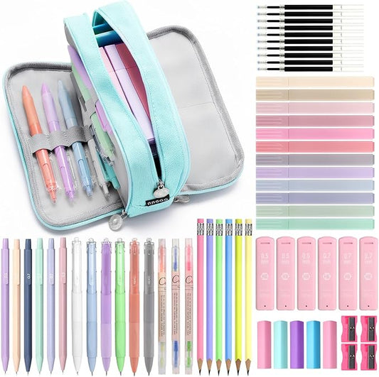 MoKo 59 PCS Aesthetic School Supplies with Cute Pencil Case, Students Stationery Set for Teen Girls & College with Gel Pens, Pastel Highlighters, Mechanical Pencils & Refills, Office Supplies, Blue