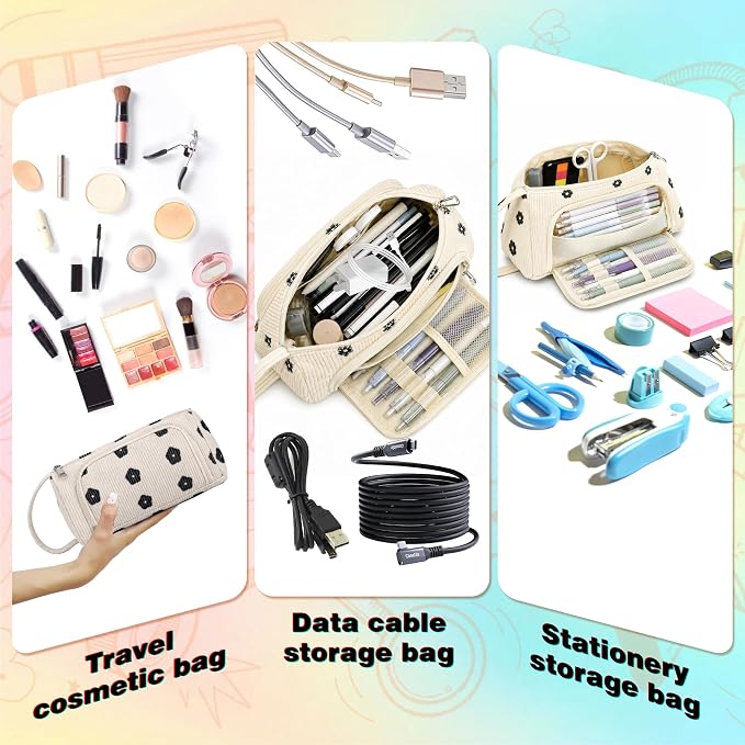 Big Capacity Pencil case,Soft Corduroy Pencil Bag with 3 Compartment Pouch Bag for School Supplies Office for Teen Girls Boys Women Man (Black Floral)