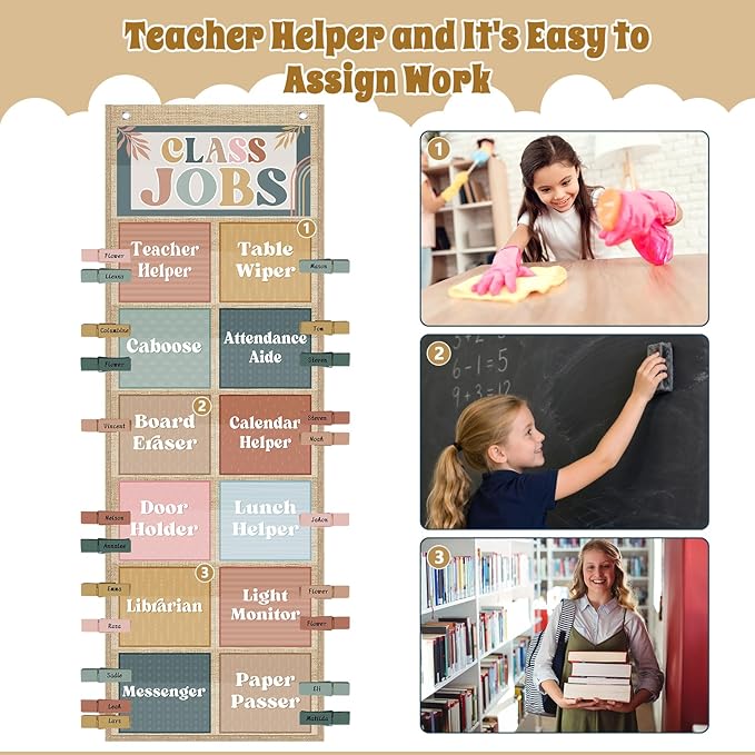 Pasimy Modern Boho Class Jobs Pocket Chart Class Helpers Pocket Chart Classroom Jobs Cards with Clips and Hooks Teacher Helper Bulletin Board Set for Back to School Classroom Teacher Supplies