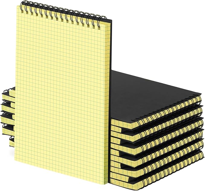 Engrowtic 6 Pack Graph Paper Spiral Notepad A5 Top Wirebound Notepad Grid Notebook Steno Pads Memo Notebook Grid Paper 140 Pages for Writing Sketching Drawing Office Supplies (Black (internal Yellow))