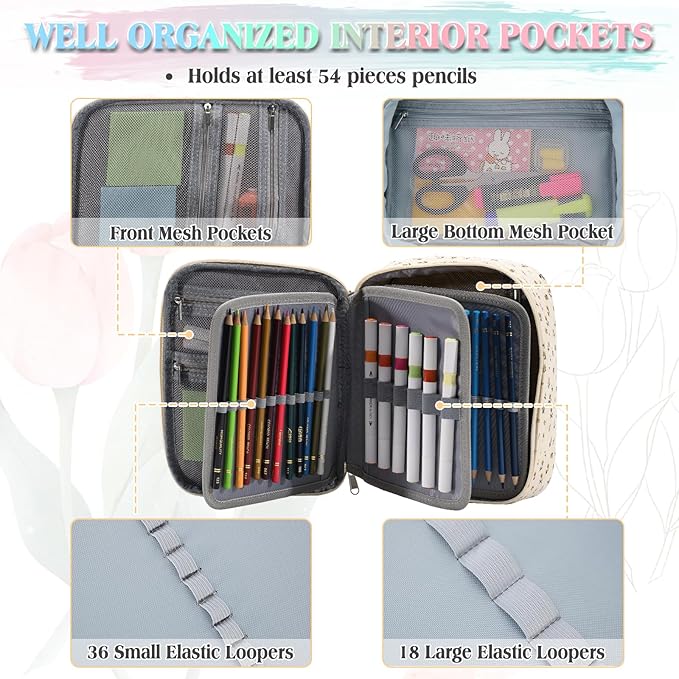 Large Pen Pencil Case,VONXURY High Capacity Art Colored Pencil Pouch Portable Stationery Organizer With 2 Detachable Layers 54 Slots Multiple Zipper Pockets for School Office College