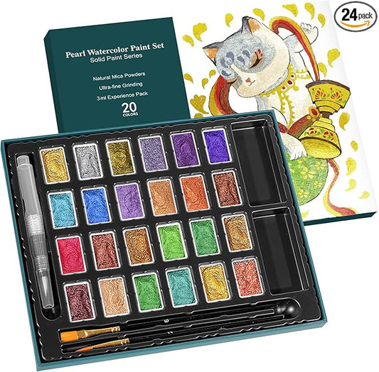 CraftyManor 3ml Glitter Watercolor Paint Set with Paper, 24 Colors Shimmer Metallic Watercolour Painting Sets, Solid Pearl Water Color Paints for Adult, Rococo Style (DunHuang 24Colors-L)