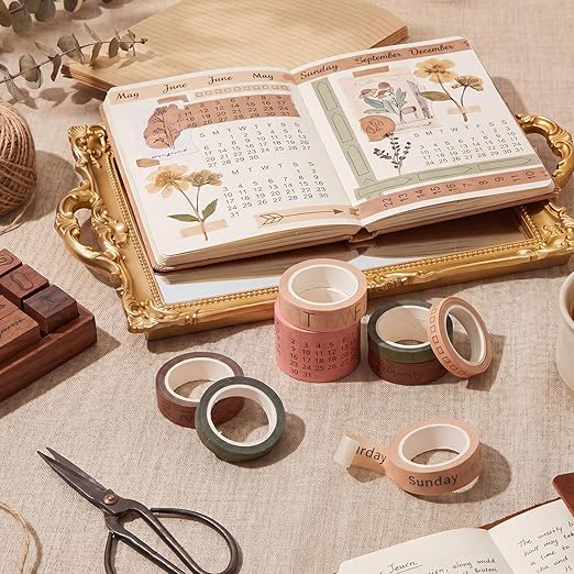 Chuangdi 9 Rolls Calendar Washi Tape Set Day Week Month Number Vintage Calendar Date Washi Masking Tape Decorative Patterned Marking for Arts Crafts Journal Planner (Pink, Green, Brown, Light Brown)