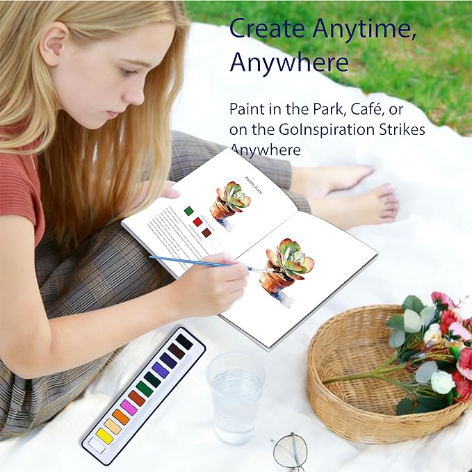 CraftyManor 2Pcs Watercolor Workbook Creative Water Color Paint Book Set with Paints & Brush, 12 Patterns of Original DIY Designs, Beginner-Friendly Adult Coloring Books (Butterfly & Succulent)