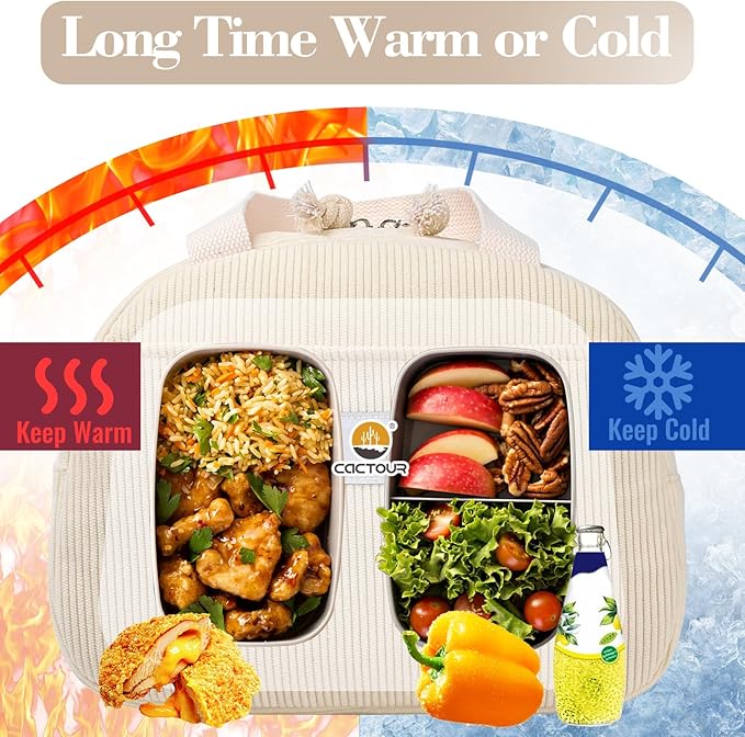 CaCTOUR Lunch Bag Lunch Box for Women Girls Teens, Cute Lunch Box Cooler Bag,Portable Small Reusable Corduroy Insulated LunchBox for Work/Travel/Picnic/School (Beige)