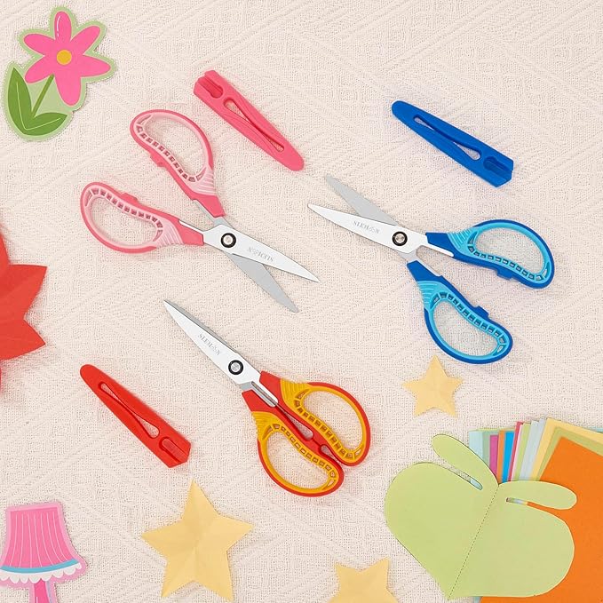 7" Kids Scissors - Pointed Tip Right/Left Scissors with Protective Cover, Soft ABS Grips & Stainless Steel Blades, Ultra Durable for Classroom, Homeschool, Daily Use (3-Pack)