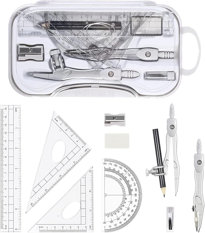 Vobou 10 Pieces Math Geometry Kit Set Student Supplies with Shatterproof Storage Box,Includes Rulers,Protractor,Compass,Eraser,Pencil Sharpener,Lead Refills,Pencil,for School and Drawings（Grey）