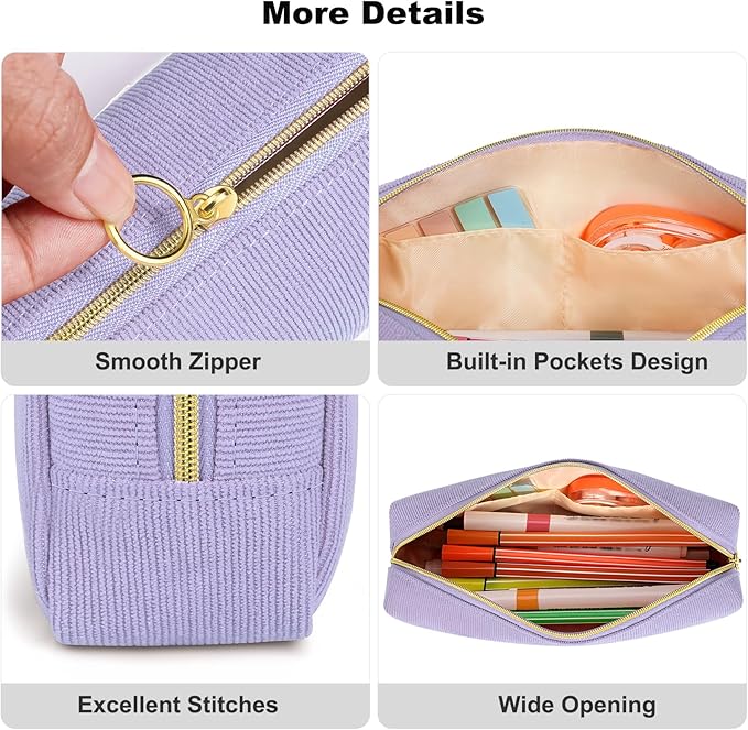 FINPAC Pencil Case, Corduroy Aesthetic Makeup Bag, Cute Kawaii Pen Bag Pouch Holder Box Organize for Study, Office, or Travel (Purple)