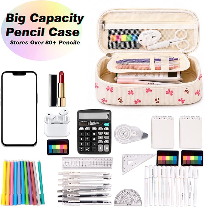 Big Capacity Pencil case,Soft Corduroy Pencil Bag,Cute Pen Case with Handle,5 Compartments, Wide Opening Pen Pouch Organizer for Teen Girls Women (Bow With Cherry)