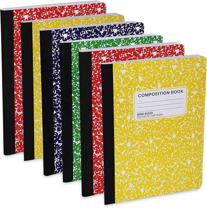 Wide Ruled Notebook, Composition Notebooks Wide Ruled Composition Book, Wide Rule Notebook Paper -9-3/4 x 7-1/2” - 100 Sheets (200 Pages) - Sewn Binding, Durable Marble Cover, Assorted Colors - (6