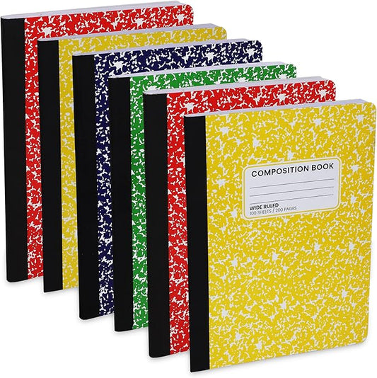 Wide Ruled Notebook, Composition Notebooks Wide Ruled Composition Book, Wide Rule Notebook Paper -9-3/4 x 7-1/2” - 100 Sheets (200 Pages) - Sewn Binding, Durable Marble Cover, Assorted Colors - (6