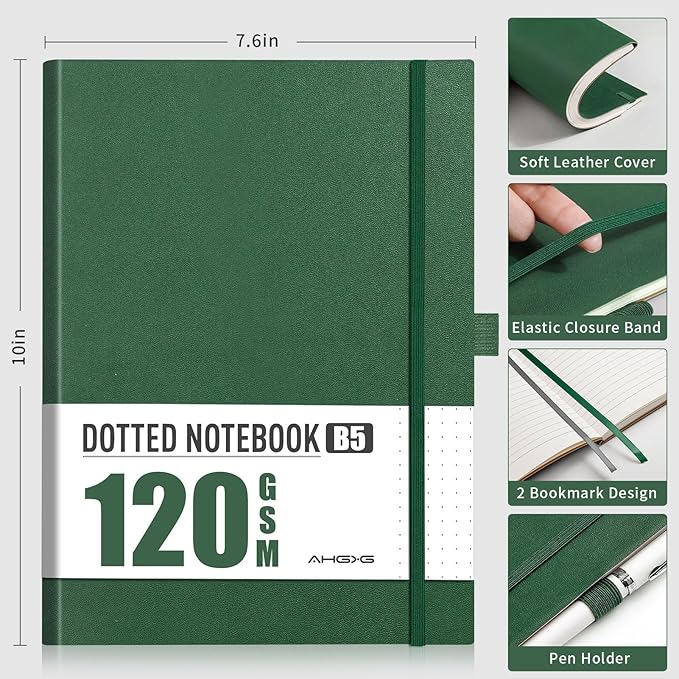 AHGXG Dotted Journal - Dot Grid Notebook Journal, 120 GSM Thick Acid-Free Paper, Large B5 Dotted Notebook 96 Pages, Leather Softcover, Inner Pocket, Journal Stencil, 7.6'' X 10'', Dark Green