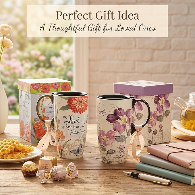 Topadorn 2-Pack 17oz Ceramic Travel Coffee Mugs with Lids, Floral Psalm Design, Microwave & Dishwasher Safe, Gift Set for Women and Men