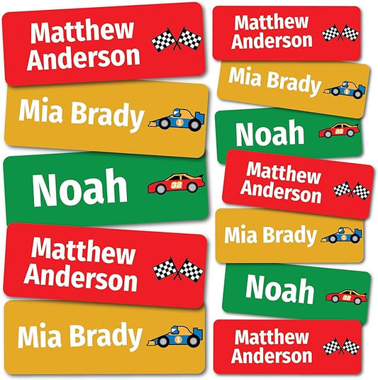 Kids Personalized Name Labels for School, Camp, Daycare (128 Labels) Custom Peel and Stick Waterproof Name Tags Stickers for Water Bottles, Lunch Boxes, Clothing, School Supplies (Racecar)