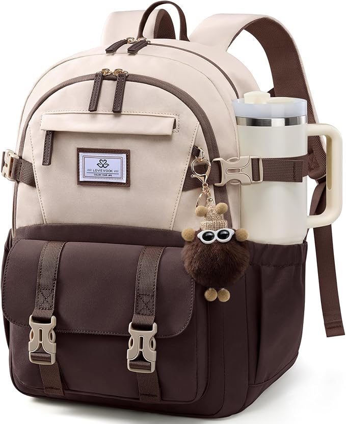 LOVEVOOK School Backpack for Teen Girls, Bookbag for 8-16 Student, Middle High College Back to School Cute Kids Backpack, 15.6 Inch, Coffee-beige