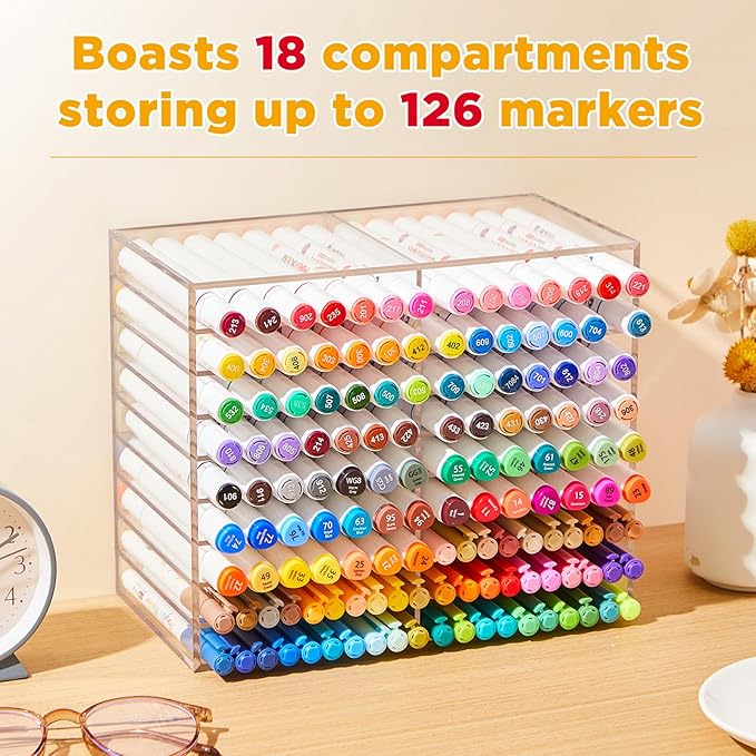 MotiMind Acrylic Marker Organizer for 126 Marker, Large Art Pencil Holder Storage Rack for Desk, Pens Art Brushes Display Stand with 18 Compartments for Desktop, Office (clear, 126 Capacity)