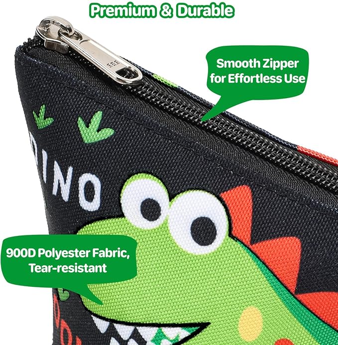 Standing Pencil Case for Boys - Telescopic Kawaii Pencil Pouch for Kids, Big Capacity Stand Up Stationery Pouch for School Students, Black Dinosaur