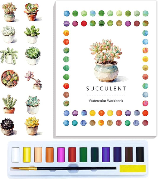 CraftyManor Watercolor Workbook Creative Fruit Water color Paint Book Set with Paints & Brush, 12 Patterns of Original DIY Designs, Beginner-Friendly Adult Coloring Books (Succulent)