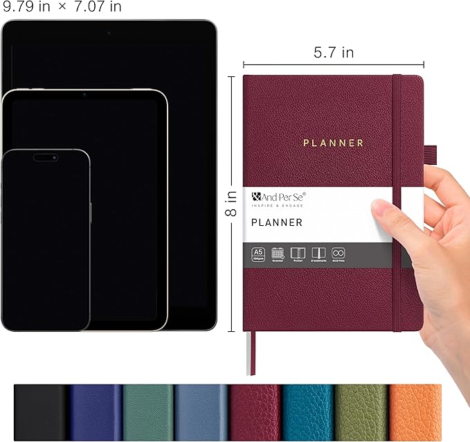 And Per Se Undated Planner, Weekly & Monthly Planner with Goal & Habit Tracker, A5 Leather Hardcover Productivity Journal for Academic Year (Dark Red)