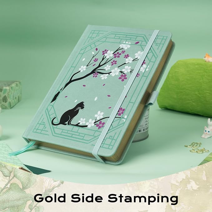 TIEFOSSI A5 Dotted Journal, Cute Cat Journal for Women Girls, Dot Notebook with Pretty Sakura Pattern, Aesthetic Diary for Writing Journaling Drawing, Golden Edges
