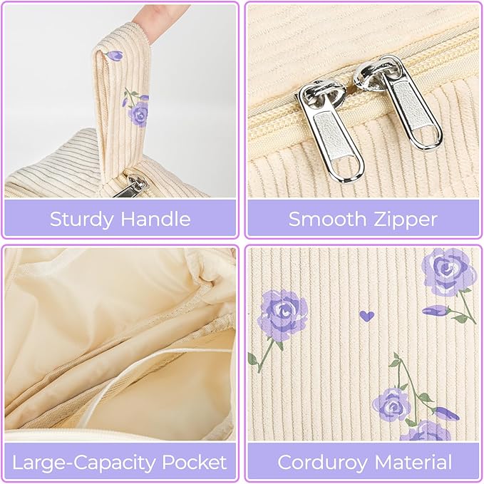 Large Pencil Pouch for Girls,Cute Corduroy Pencil Case Pouch Aesthetic Soft Pencil Bag for School, Zippered Pencil Organizer School Supplies for Teen Girls Women Gift (purple floral)
